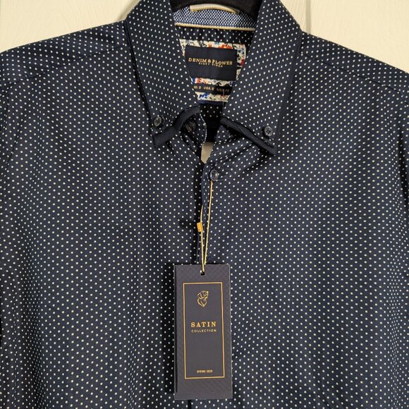 NWT DENIM & FLOWER NAVY SATIN LONG-SLEEVE BUTTON-UP SHIRT - Picture 2 of 7